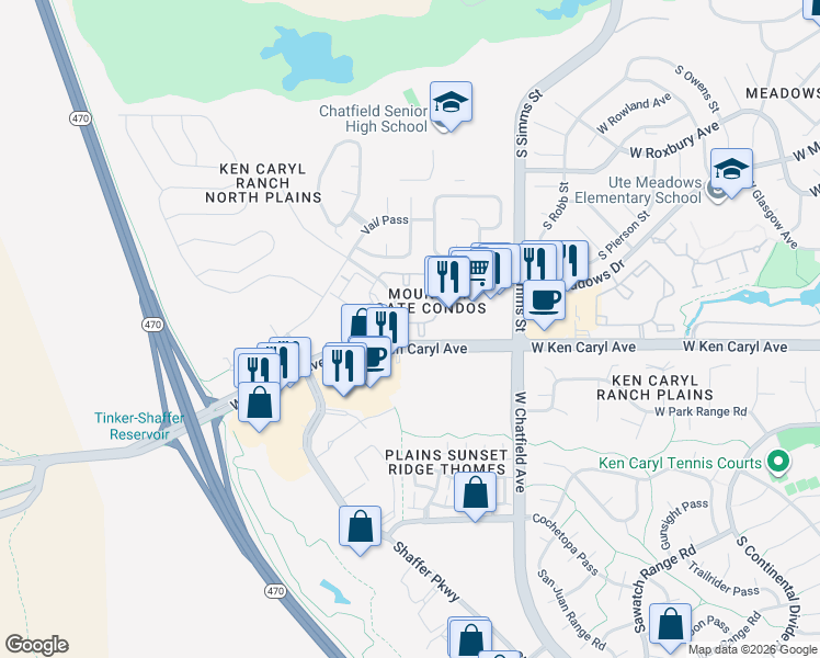 map of restaurants, bars, coffee shops, grocery stores, and more near 7498 South Alkire Street in Littleton