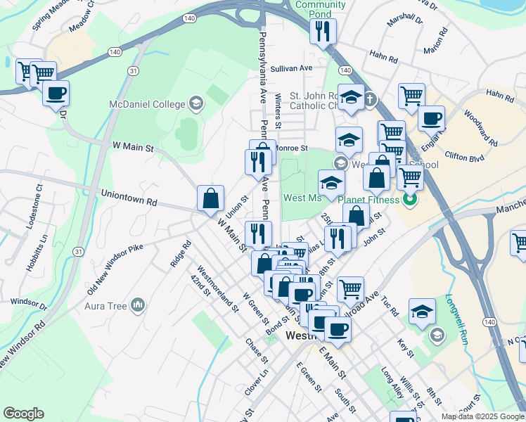 map of restaurants, bars, coffee shops, grocery stores, and more near 87 Pennsylvania Avenue in Westminster