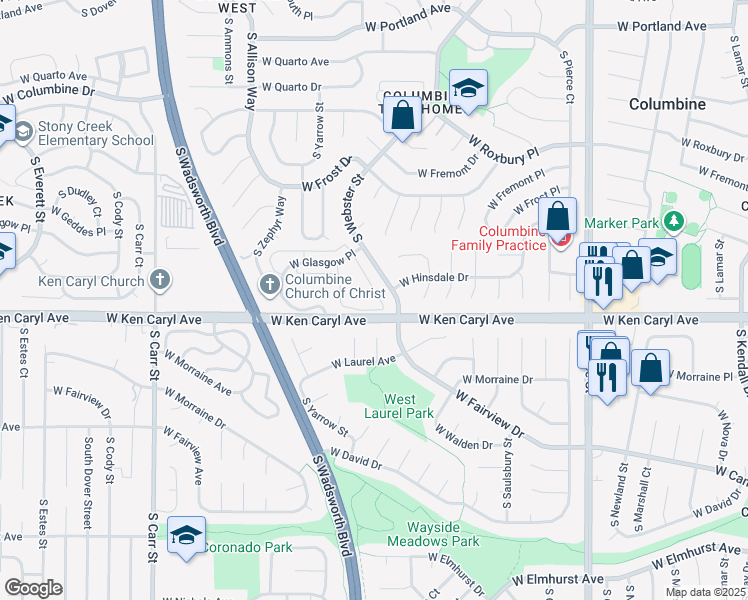 map of restaurants, bars, coffee shops, grocery stores, and more near 7700 West Glasgow Place in Littleton