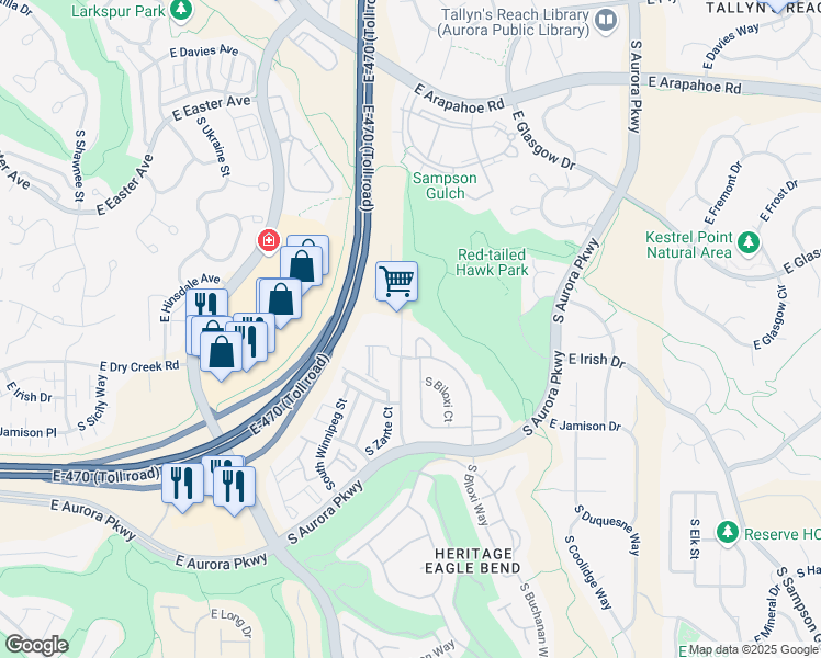 map of restaurants, bars, coffee shops, grocery stores, and more near 23341 East Dry Creek Circle in Aurora