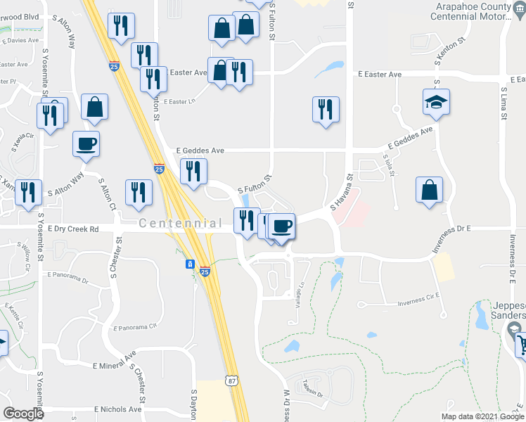 map of restaurants, bars, coffee shops, grocery stores, and more near 10001 East Dry Creek Road in Englewood