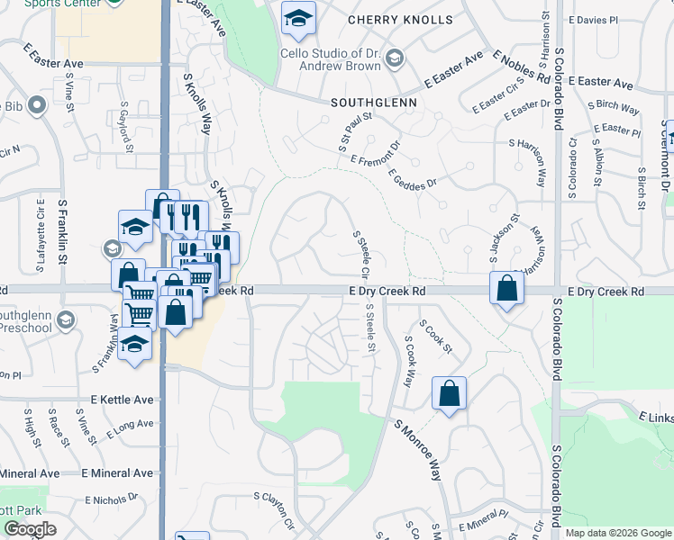 map of restaurants, bars, coffee shops, grocery stores, and more near 3123 East Hinsdale Place in Centennial