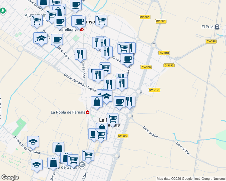 map of restaurants, bars, coffee shops, grocery stores, and more near 16-18 Carrer Trenet in Rafelbunyol