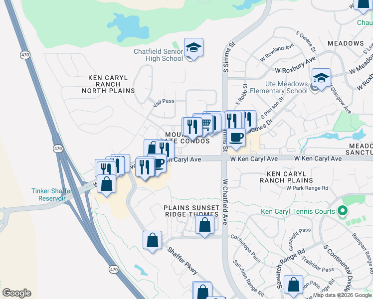 map of restaurants, bars, coffee shops, grocery stores, and more near 22 South Gore Range Avenue in Littleton