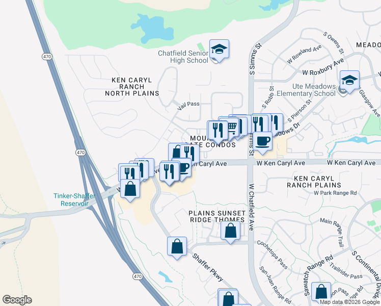 map of restaurants, bars, coffee shops, grocery stores, and more near 7459 South Alkire Street in Littleton