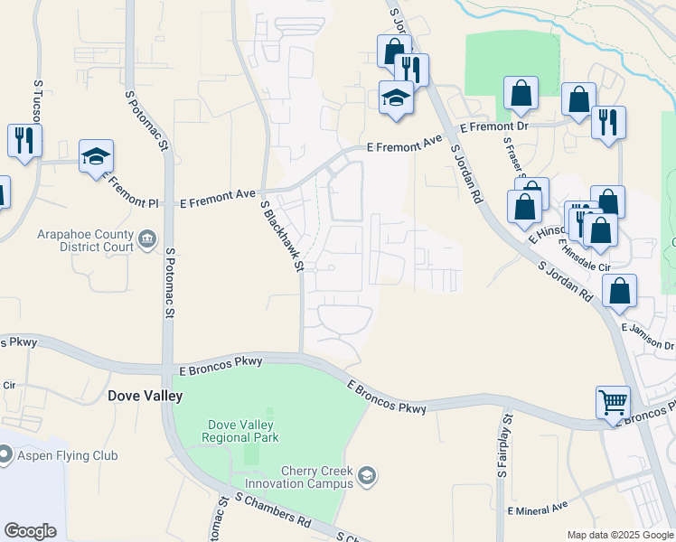 map of restaurants, bars, coffee shops, grocery stores, and more near 7440 South Blackhawk Street in Englewood
