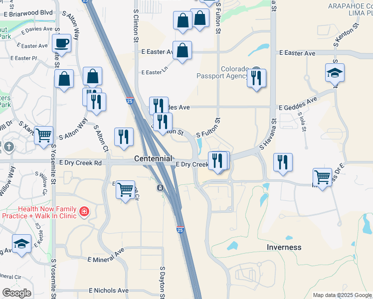 map of restaurants, bars, coffee shops, grocery stores, and more near 7471 South Clinton Street in Englewood