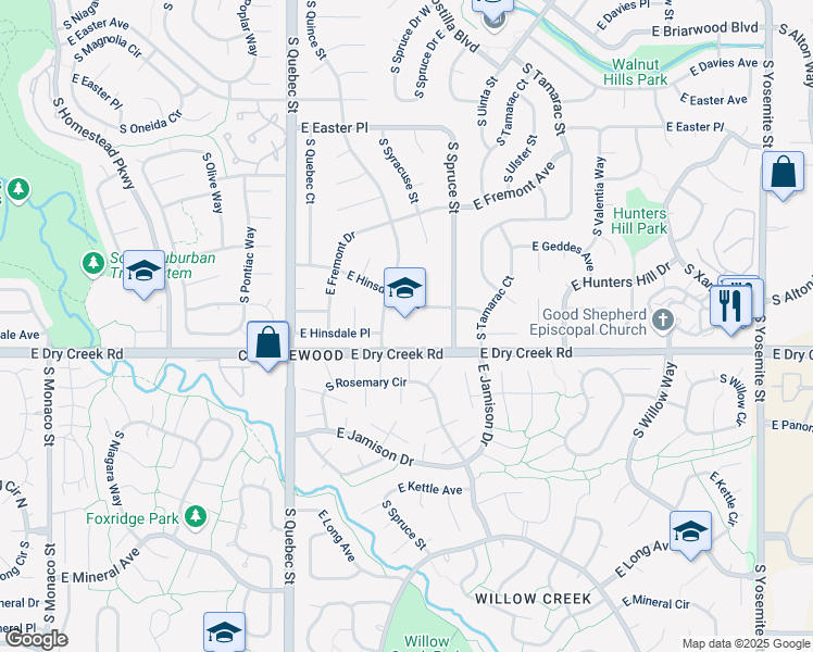 map of restaurants, bars, coffee shops, grocery stores, and more near 7686 East Hinsdale Avenue in Centennial