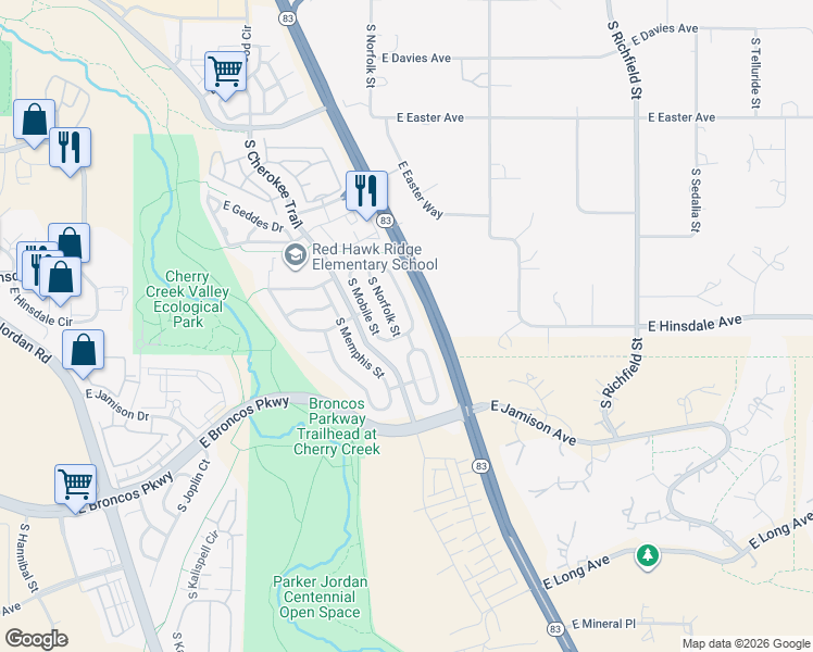map of restaurants, bars, coffee shops, grocery stores, and more near 7439 South Nucla Street in Aurora