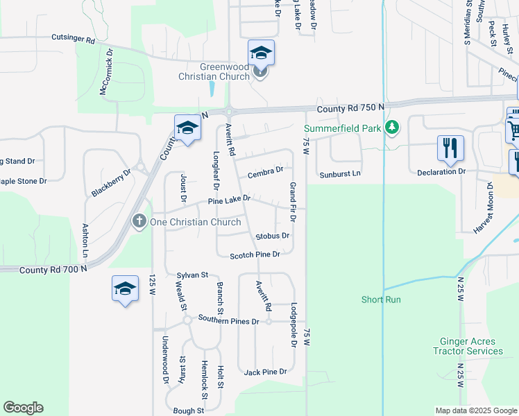 map of restaurants, bars, coffee shops, grocery stores, and more near 675 Pine Lake Drive in Greenwood
