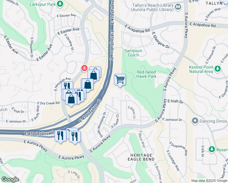 map of restaurants, bars, coffee shops, grocery stores, and more near 7405 South Addison Way in Aurora