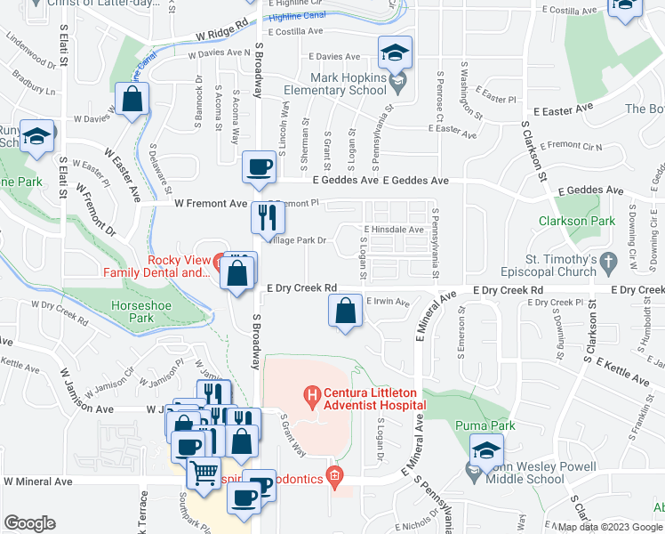 map of restaurants, bars, coffee shops, grocery stores, and more near 240 Village Park Drive in Littleton