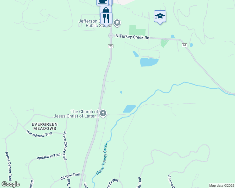 map of restaurants, bars, coffee shops, grocery stores, and more near 7450 County Road 73 in Evergreen