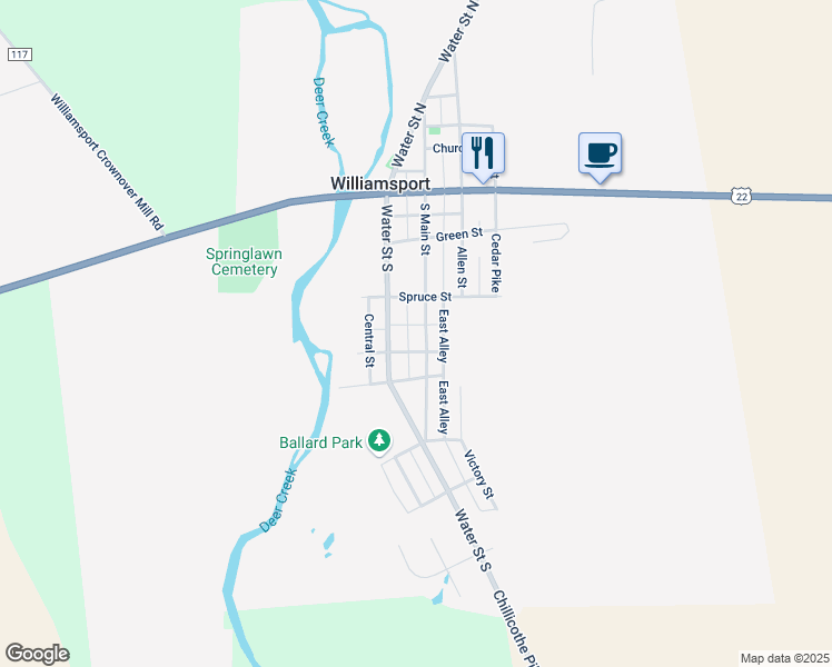 map of restaurants, bars, coffee shops, grocery stores, and more near 304 Water Street South in Williamsport