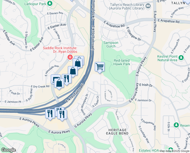map of restaurants, bars, coffee shops, grocery stores, and more near 7405 South Addison Way in Aurora