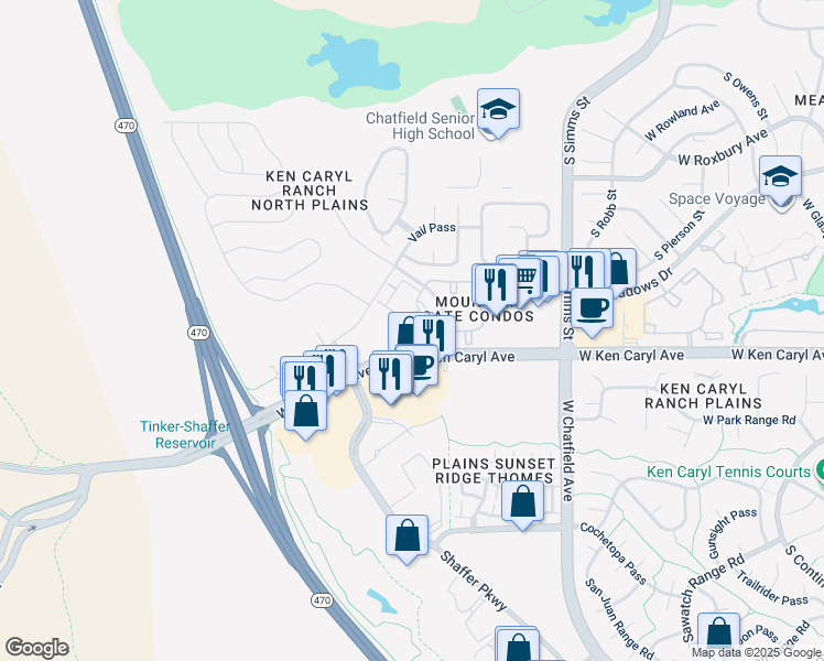 map of restaurants, bars, coffee shops, grocery stores, and more near 7459 South Alkire Street in Littleton