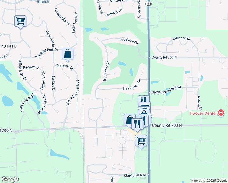 map of restaurants, bars, coffee shops, grocery stores, and more near 3230 Greensview Drive in Greenwood