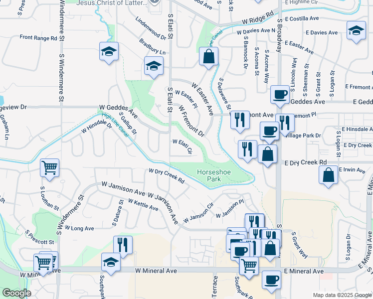 map of restaurants, bars, coffee shops, grocery stores, and more near 786 West Elati Circle in Littleton