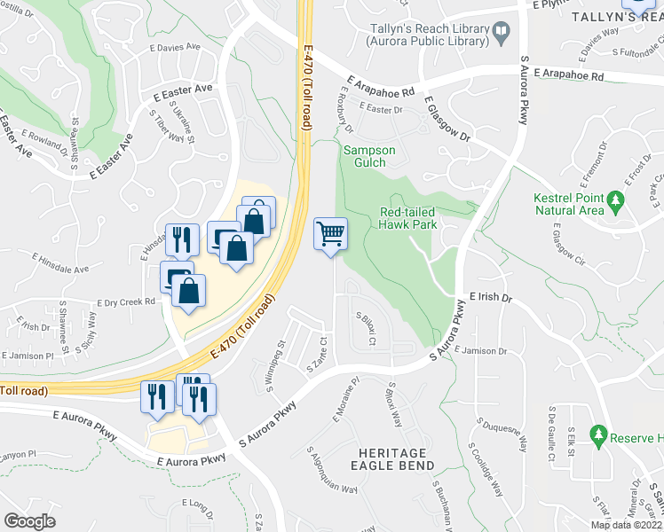 map of restaurants, bars, coffee shops, grocery stores, and more near in Aurora