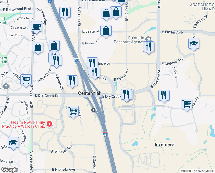 map of restaurants, bars, coffee shops, grocery stores, and more near 7471 South Clinton Street in Englewood