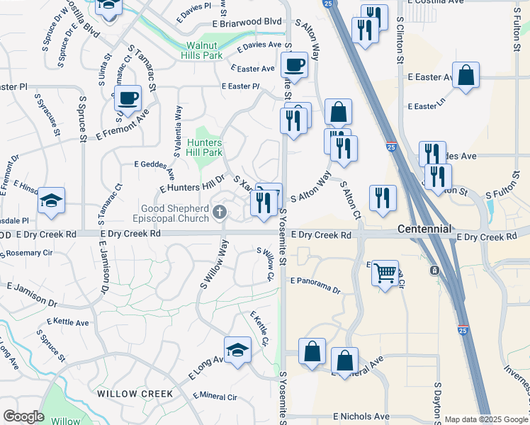 map of restaurants, bars, coffee shops, grocery stores, and more near 1329 East Dry Creek Road in Centennial
