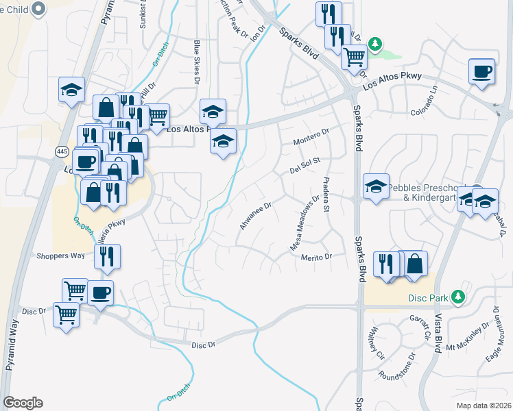 map of restaurants, bars, coffee shops, grocery stores, and more near 4920 Painted Stone Court in Sparks