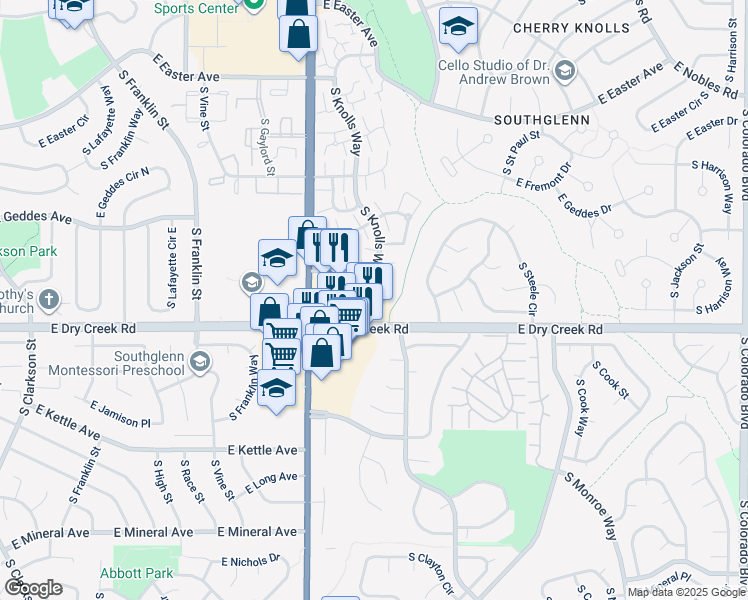 map of restaurants, bars, coffee shops, grocery stores, and more near 7448 South University Boulevard in Centennial