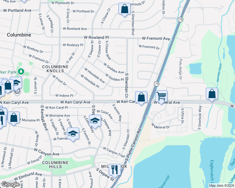 map of restaurants, bars, coffee shops, grocery stores, and more near 7408 South Ames Court in Littleton