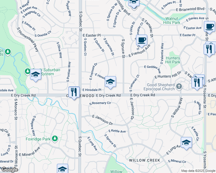 map of restaurants, bars, coffee shops, grocery stores, and more near 7686 East Hinsdale Avenue in Centennial