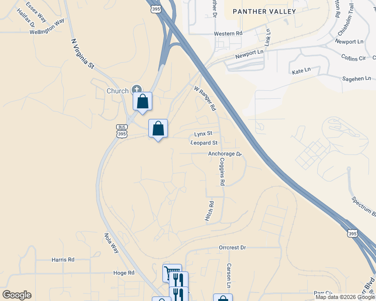 map of restaurants, bars, coffee shops, grocery stores, and more near 1308 Leopard Street in Reno