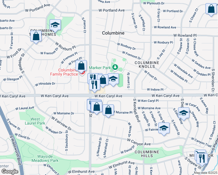 map of restaurants, bars, coffee shops, grocery stores, and more near 6509 West Ken Caryl Avenue in Littleton