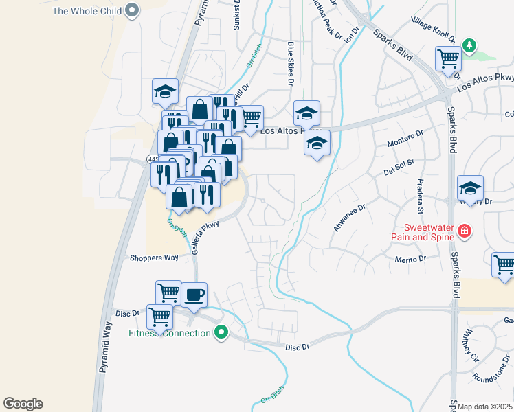 map of restaurants, bars, coffee shops, grocery stores, and more near 4955 Monrovia Drive in Sparks