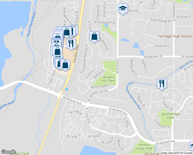 map of restaurants, bars, coffee shops, grocery stores, and more near 2456 Sunset Drive in Littleton
