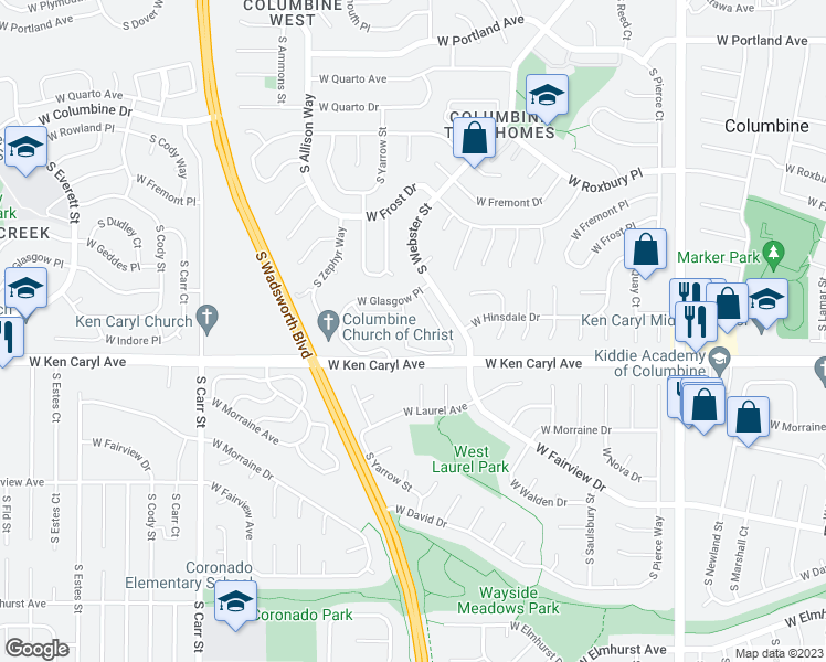 map of restaurants, bars, coffee shops, grocery stores, and more near 7700 West Glasgow Place in Littleton