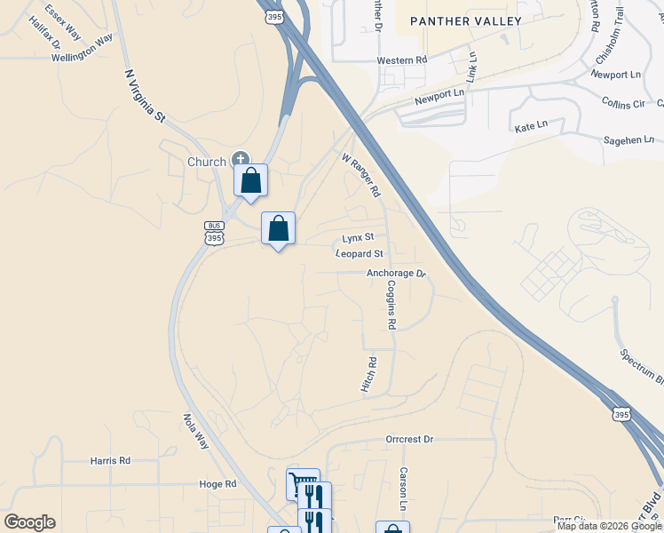map of restaurants, bars, coffee shops, grocery stores, and more near 1308 Leopard Street in Reno