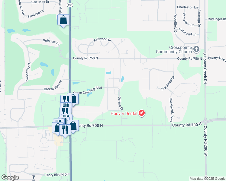 map of restaurants, bars, coffee shops, grocery stores, and more near 2397 Galena Drive in Greenwood