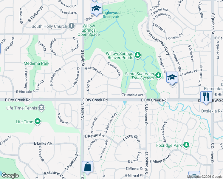 map of restaurants, bars, coffee shops, grocery stores, and more near 6009 East Hinsdale Court in Centennial
