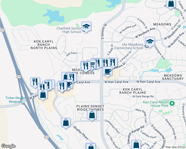map of restaurants, bars, coffee shops, grocery stores, and more near 11747 West Ken Caryl Avenue in Littleton