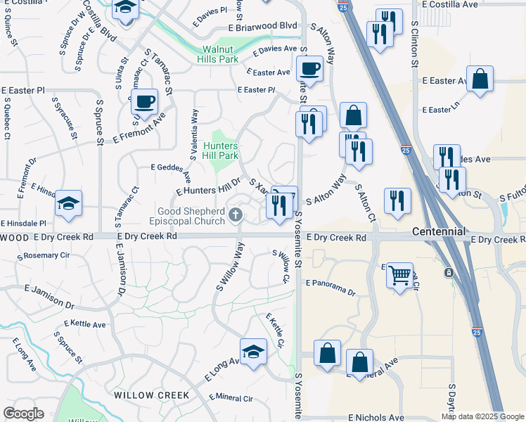 map of restaurants, bars, coffee shops, grocery stores, and more near 1329 East Dry Creek Road in Centennial