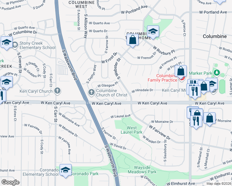 map of restaurants, bars, coffee shops, grocery stores, and more near 7411 South Webster Street in Littleton