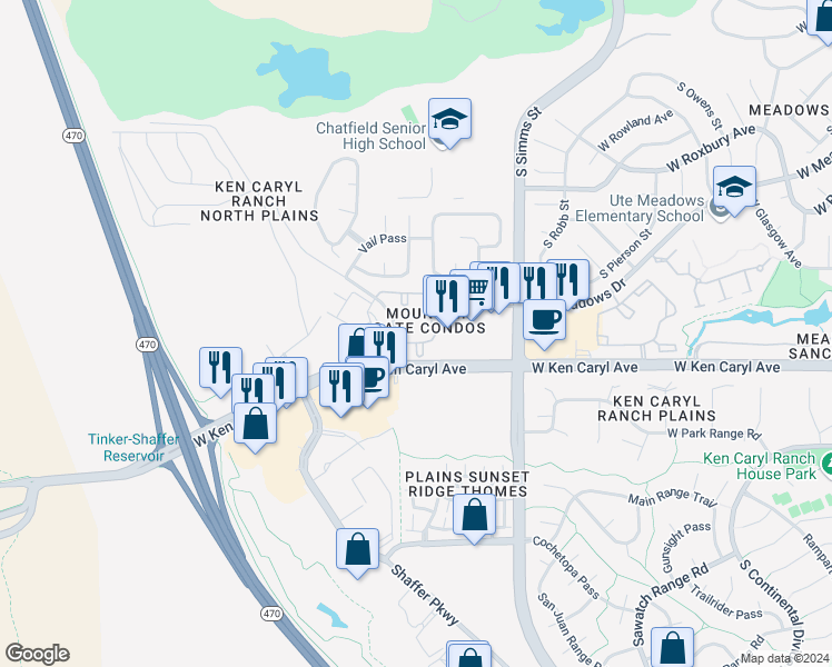 map of restaurants, bars, coffee shops, grocery stores, and more near 7428 South Alkire Street in Littleton