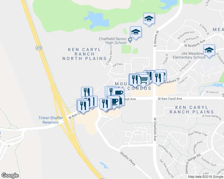 map of restaurants, bars, coffee shops, grocery stores, and more near 7409 South Alkire Street in Littleton