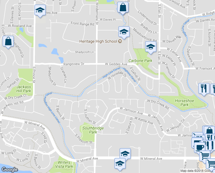 map of restaurants, bars, coffee shops, grocery stores, and more near 7629 South Cedar Circle in Littleton