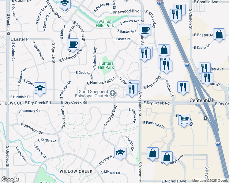map of restaurants, bars, coffee shops, grocery stores, and more near 8623 East Dry Creek Road in Centennial