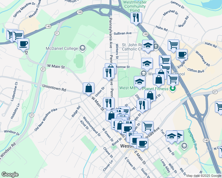 map of restaurants, bars, coffee shops, grocery stores, and more near 101 Pennsylvania Avenue in Westminster