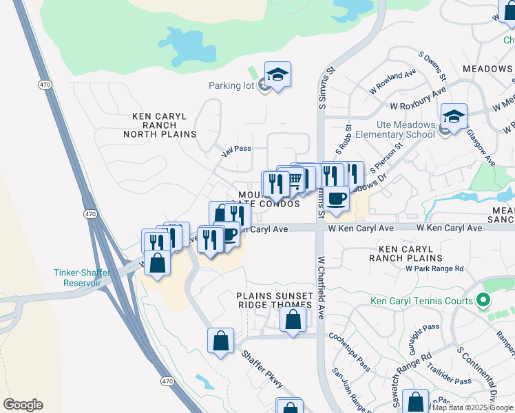 map of restaurants, bars, coffee shops, grocery stores, and more near 7474 South Alkire Street in Littleton