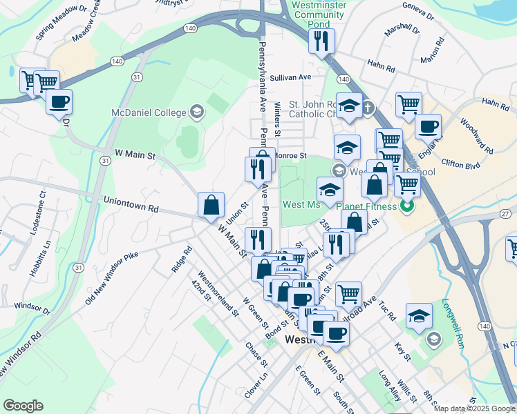 map of restaurants, bars, coffee shops, grocery stores, and more near 101 Pennsylvania Avenue in Westminster
