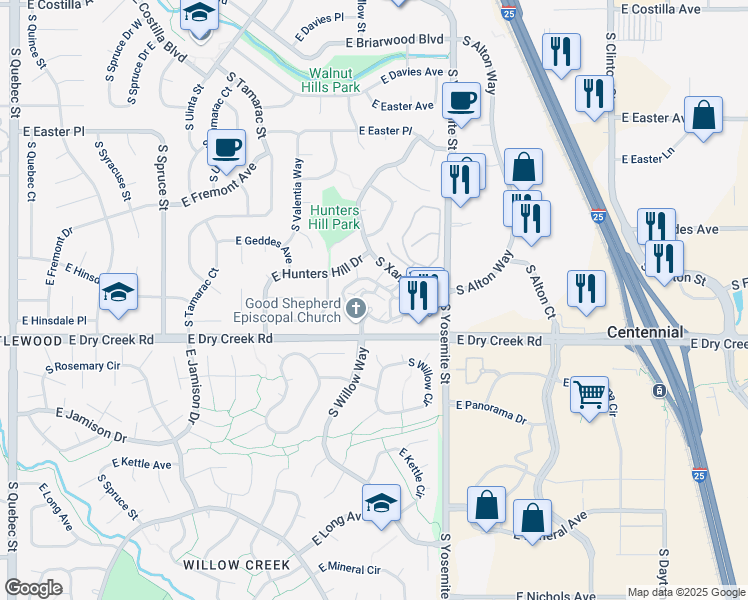 map of restaurants, bars, coffee shops, grocery stores, and more near 8623 East Dry Creek Road in Centennial