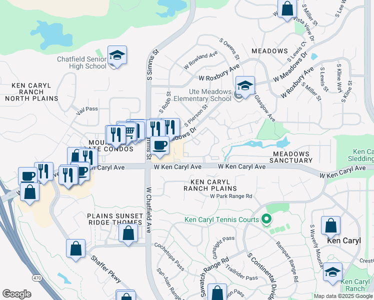 map of restaurants, bars, coffee shops, grocery stores, and more near 7473 South Quail Circle in Littleton