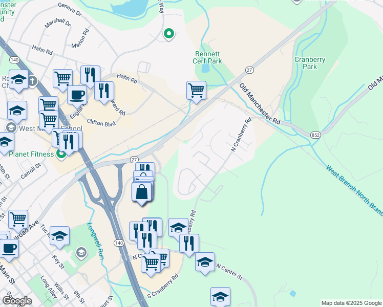 map of restaurants, bars, coffee shops, grocery stores, and more near 311 Shagbark Drive in Westminster